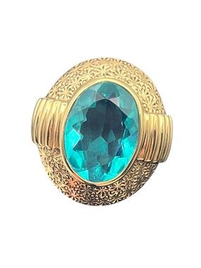 Nicky Butler teal oval faceted stone gold tone flower textured ring size 7 w box